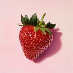 vibrant, realistic strawberry sits on soft pastel pink background, showcasing its glossy red surface and fresh green leaves. image captures fruit natural beauty and freshness