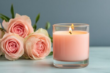 Fototapeta premium A serene arrangement featuring a lit pink candle beside soft pink roses against a calming blue background, creating a tranquil atmosphere.
