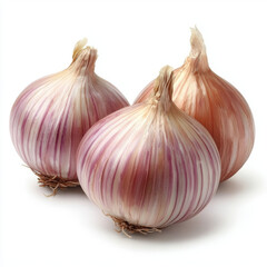 Three fresh shallots with purple and white skin on white background