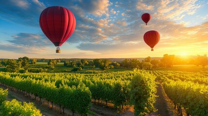 Fototapeta premium Red Hot Air Balloons Soar Over Vineyard at Sunrise