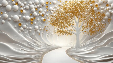 White, gold 3D tree design. Abstract tree with gold leaves. White circles, waves. Elegant, modern style. Decorative background. High quality image. Suitable for wallpaper mural wall art. Unique
