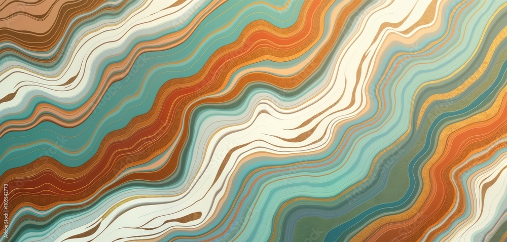 Poster abstract topographic map background. wavy lines create pattern. oxidized copper, mint green, orange 