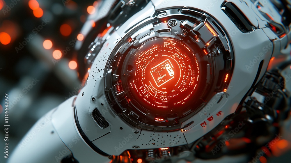 Poster Close-up of a futuristic robot's head displaying a glowing digital interface.