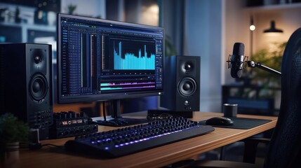 Fototapeta premium Home music studio setup with computer, speakers, microphone, and keyboard.