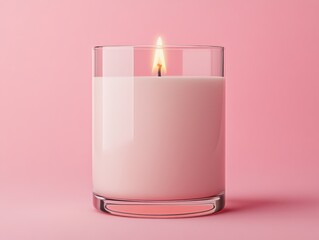 A minimalist pink candle in a glass holder, glowing softly against a pastel pink background, creating a serene and calming ambiance.