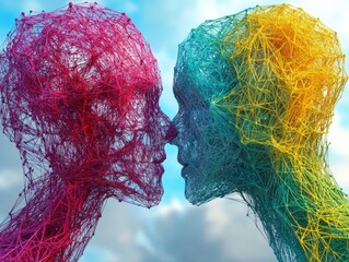 Two stylized colorful figures face each other, connected by intricate lines, set against cloudy sky, evoking sense of connection and emotion
