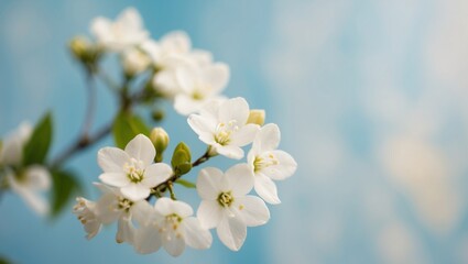 Delicate white jasmine flowers blooming in a soft blue background during spring.