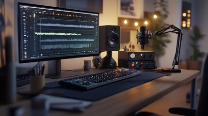 Naklejka premium Home music studio setup with computer, microphone, speakers, and keyboard.