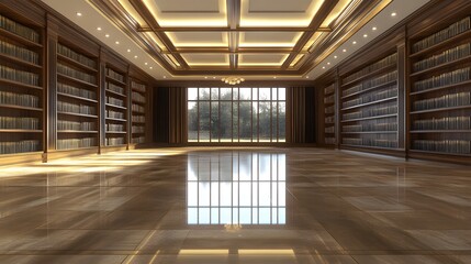 29. A spacious library with large empty shelves and a clear space in the middle for text