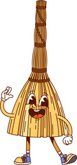 Groovy broom cleaning, washing and household tool cartoon character with confident smile. Isolated vector broomstick personage has expressive eyes, gloved hands and retro sneakers, ready for action