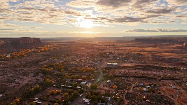 Bluff, southern Utah, amazing panorama of a small rural village, gateway to the Monument Valley. Autumn colors, long shadows 