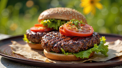 Paleo burger with lettuce, tomato, and grass-fed beef patty on a wooden plate