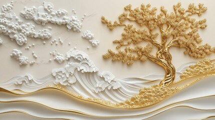 3D mural wallpaper shows white, gold waves, gold tree. Design embossed creating relief effect. Abstract art decorates wall background. Modern design for home decor. High quality image. Perfect for