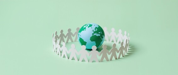 Paper cut-out figures encircle a small globe, representing global unity, teamwork, and community....