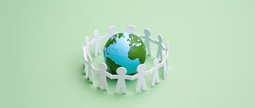 Paper cut-out figures encircle a small globe, representing global unity, teamwork, and community. The image symbolizes collaboration, connection, and togetherness on a worldwide scale with a focus on 