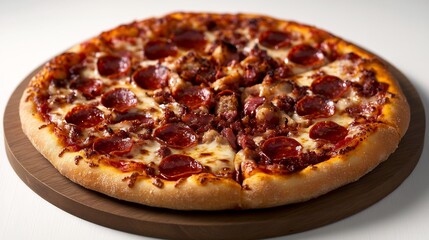 Delicious Meat Lovers Pizza on Wooden Board