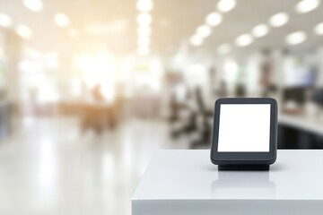 Blank digital frame on counter with blurry office background