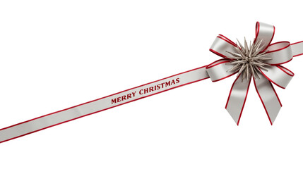 silver ribbon bow with red border and Merry Christmas inscription on transparent background, mockup of festive bow for decoration