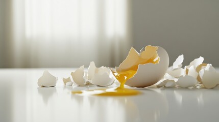 Cracked egg with yolk spilling out surrounded by empty eggshells, symbolizing food safety recall on clean white surface.