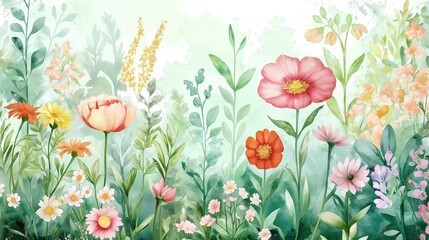 Colorful botanical garden illustration shows various flowers, plants in spring summer scene. Vivid flower colors, rich foliage create vibrant atmosphere. Wallpaper mural design. Floral patterns. High