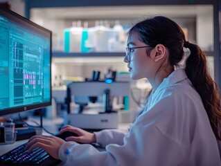 Focused Asian Woman Coding in Modern Lab