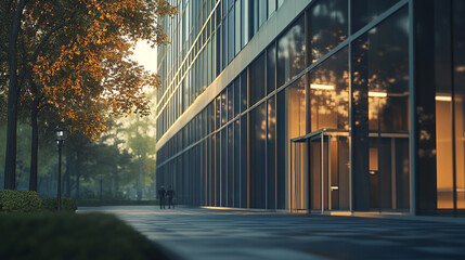 Fototapeta premium Evening stroll along modern building with warm lights in tranquil city park