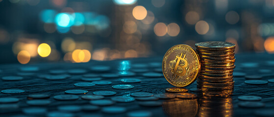 Bitcoin Cryptocurrency Gold Coins Stacked on City Night Background