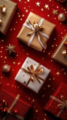 Holiday border of gold and white gift boxes on red background