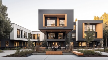 Fototapeta premium Modern residential building with geometric design featuring large windows and contemporary architecture. Outdoor area with trees and seating, and people interacting in front of the building.