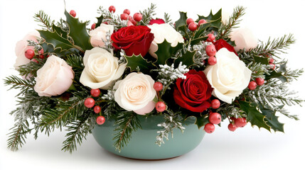 Winter floral arrangements featuring red and white roses, holly, and berries create festive atmosphere. Perfect for holiday decor or seasonal celebrations
