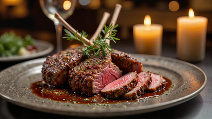 Sliced steak with rosemary served on a metal plate with candles in the background