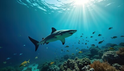Fototapeta premium Great white shark swims above coral reefs. Oceanic wildlife scene. Many fish swim near shark in clear blue water. Sunlight shines through water. Aquatic ecosystem. Travel destinations like Australia