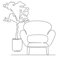 One continuous single drawing line art flat doodle armchair, flower in a pot, comfort, interior, room, relax. Isolated image hand draw contour on a white background, hand drawn, not AI