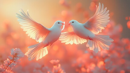 Obraz premium Harmonious Avian Embrace Birds in Colorful Flight Forming a Heart Shape Across the Twilight Sky