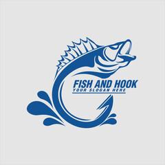 Fish and hook logo vector illustration design template flat design