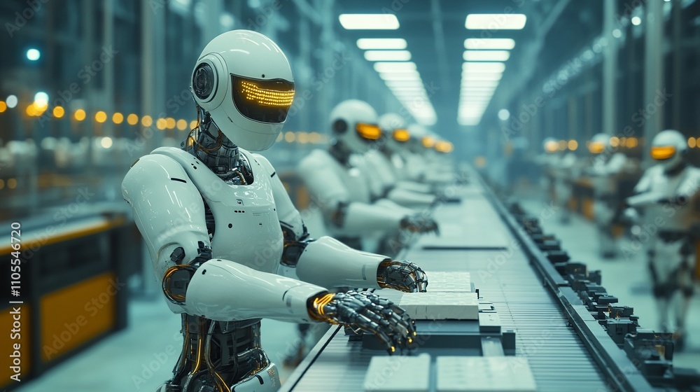 Poster Robots working on assembly line in futuristic factory.