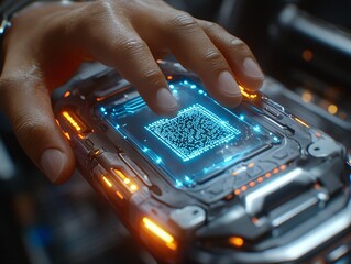 A futuristic device displays a glowing QR code, with a hand poised to interact, showcasing advanced technology and digital connectivity.