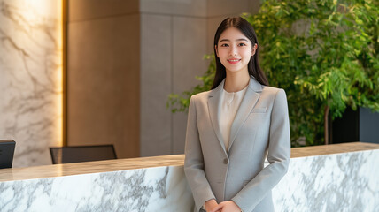 高級オフィスの受付で働く日本人女性