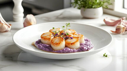 Hand-Dived Scottish King Scallops with Champagne Beurre Blanc, Fresh Caviar and Purple Cauliflower Puree, Luxury Seafood Restaurant Photography