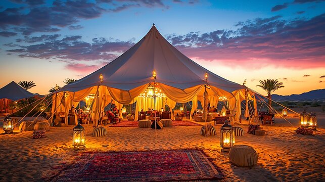 Luxury desert tent at sunset with warm lighting and guests.