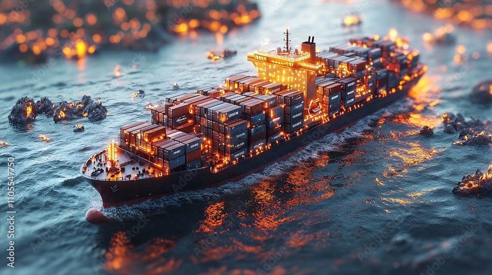 Poster futuristic cargo ship loading smart containers with real time digital tracking and condition data