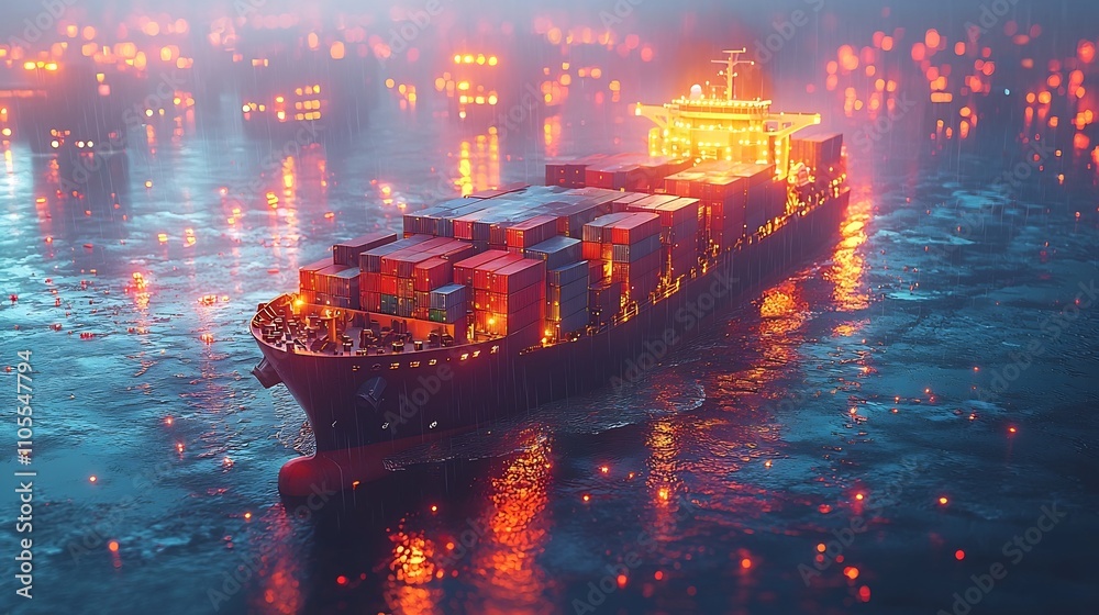 Poster futuristic cargo ship loading smart digitally tagged containers with real time tracking and conditio