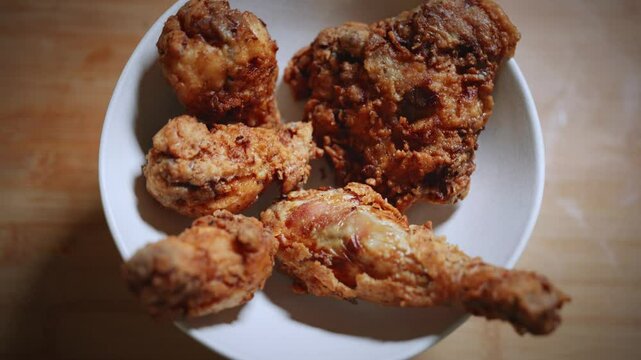 Du poulet frit &agrave; l'am&eacute;ricaine, des petits pilons et une grosse cuisse dans une assiette