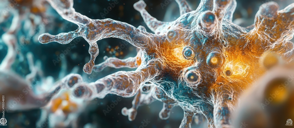 Wall mural close-up of neural network cells with glowing synapses in a futuristic biological environment