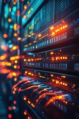 Fototapeta premium Vibrant Data Center with Glowing Server Racks and Fiber Optic Cables in a Modern Technology Environment