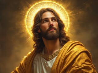 Artistic portrayal of a Jesus, bearded man with long wavy hair, golden halo radiating light behind him, wearing a white tunic and gold robe, concept of divinity and spirituality