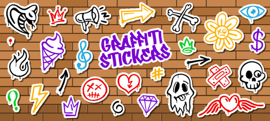 Stickers pack of grunge street art graffiti ink spray paint. Street spray graffiti symbols vector stickers. Hip Hop culture spray paint snake, loudspeaker, ice cream and ghost, skull, crown wall tags