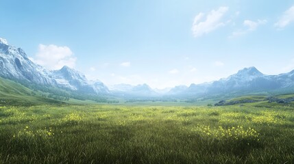 9. A scenic mountain view with a clear, vast sky and open meadow, leaving a space in the middle for text