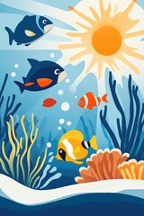 Naklejka premium A cheerful underwater illustration of tropical fish, sea plants, and a bright sun, created in a vibrant flat art style, ideal for childrenÕs decor and educational materials..