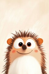 Obraz premium Portrait of a smiling hedgehog with a cheerful expression, drawn in a modern and whimsical style, beige background, perfect for nursery prints or children's decor...